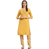 Rangita Women 100% Cotton Yellow Yoke Zari Embroidered Knee Length Straight Kurti_8905723192822