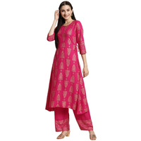 Rangita Women Rayon Pink Gold Printed Calf Length A-Line Kurta With Palazzo Set, 3Xl
