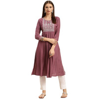 Rangita Mauve Viscose Blend Calf Length Embroidered A-Line Kurti For Women | Kurta For Women_M