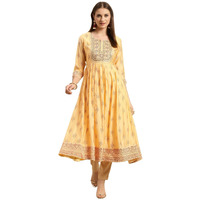 Rangita Yellow Viscose Blend Calf Length Embroidered Flared Kurti For Women | Kurta For Women_M