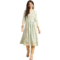 Rangita Mint Green Rayon Calf Length Embroidered Flared Kurti For Women | Kurta For Women_M