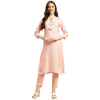 Rangita Women Rayon Peach Ethnic Placement Printed Knee Length Straight Kurta With Pant Set