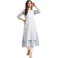 Rangita Light Blue Cotton Calf Length Printed Double Layered Kurti For Women | Kurta For Women_L