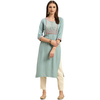Rangita Teal Viscose Blend Calf Length Embroidered Straight Kurti For Women | Kurta For Women_Xl