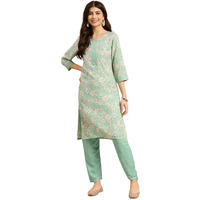 Rangita Women Rayon Mint Green Floral Printed Knee Length Straight Kurta With Pant Set