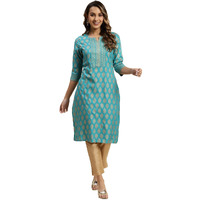 Rangita Women's Rayon Ethnic Print Straight Dress Shirt (4Xl_Turquoise