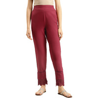 Rangita Women 100% Cotton Maroon Solid Calf Length Straight Pant, S