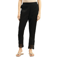 Rangita Women 100% Cotton Black Solid Calf Length Straight Pant, M