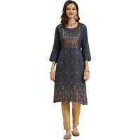 Rangita Grey Rayon Calf Length Embroidered Straight Kurti For Women | Kurta For Women_Xl