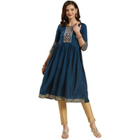 Rangita Teal Rayon Knee Length Embroidered Flared Kurti For Women | Kurta For Women_2Xl