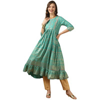 Rangita Turquoise Rayon Calf Length Embellished Flared Kurti For Women | Kurta For Women_M