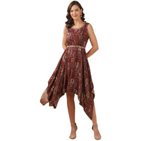 Rangita Women Rust Cotton Embroidered At Neck Knee Length Asymmetric Ethnic Gown, M