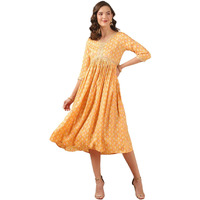 Rangita Women Yellow Rayon Printed A-Line Calf Length Ethnic Dress, 2Xl