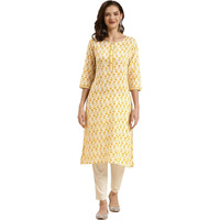 Rangita Yellow Cotton Calf Length Printed Straight Kurti For Women | Kurta For Women_M