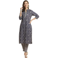 Rangita Women Indigo Cotton Floral Printed Calf Length Straight Kurti With Pants, S