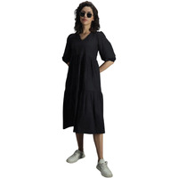 High Star Women's Cotton Pleated Maxi Casual Dress (Hswdrs23005_Bk_Black
