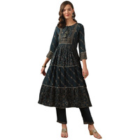 Rangita Teal Rayon Embellished Anarkali Kurta With Pant | Kurta Set For Women_2Xl