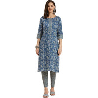 Rangita Navy Blue Cotton Printed Straight Kurta With Pant | Kurta Set For Women_M