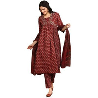 Ishin Women Red Cotton Kurta Sets With Dupatta