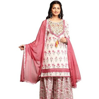 Ishin Floral Printed Mirror Work Cotton Tie-Up Kurta Paired With Sharara And Dupatta | Kurta Set For Women | Kurta With Trousers And Dupatta