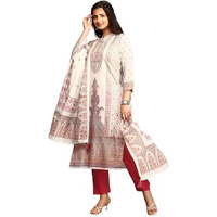 Ishin Ethnic Motifs Woven Design A-Line Pure Cotton Kurta With Trousers & Dupatta | Kurta Set For Women | Kurta With Trousers And Dupatta