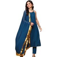 Ishin Embroidered Shoulder Straps Sleeveless Kurta With Trousers & With Dupatta | Kurta Set For Women | Kurta With Trousers And Dupatta
