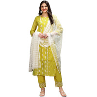 Ishin Lime Green Floral Embroidered Thread Work Straight Kurta With Trousers & Dupatta | Kurta Set For Women | Kurta With Trousers And Dupatta
