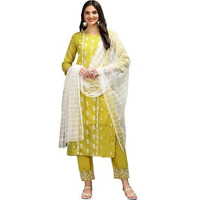 Ishin Lime Green Floral Embroidered Thread Work Straight Kurta With Trousers & Dupatta | Kurta Set For Women | Kurta With Trousers And Dupatta