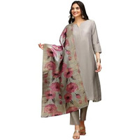Ishin Grey Regular Silk Crepe A Line Kurta With Trousers & With Dupatta | Kurta Set For Women | Kurta With Trousers And Dupatta