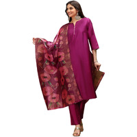 Ishin Notch Neck Silk Crepe Straight A-Line Kurta With Trousers & Dupatta | Kurta Set For Women | Kurta With Trousers And Dupatta