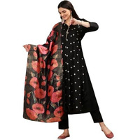 Ishin Geometric Embroidered Sequinned Silk Crepe A- Line Kurta With Trousers & Dupatta | Kurta Set For Women | Kurta With Trousers And Dupatta
