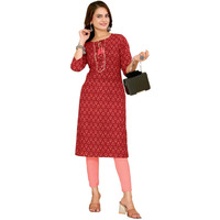 Rangita Red Cotton Knee Length Embroidered Straight Kurti For Women | Kurta For Women_M