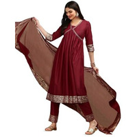 Ishin Ethnic Motifs Yoke Design V-Neck Thread Work A-Line Kurta With Trousers | Kurta Set For Women | Kurta With Trousers And Dupatta
