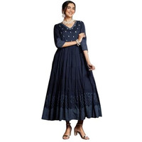 Ishin Embellished Printed V-Neck Anarkali Tiered Dress Blue