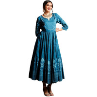 Ishin Teal Floral Printed Embellished Anarkali Dress With Tie-Up