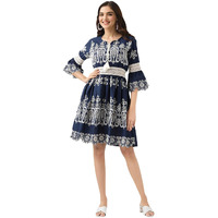 Ishin Schiffli Pure Cotton A-Line Dress Navy Blue