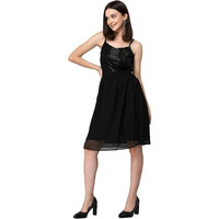 Style Quotient Women Black Sequined Georgette Fit And Flare Evening Prom Dress