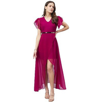 Style Quotient Women Wine Coloured Georgette Evening Maxi Dress
