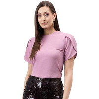 Style Quotient Women Solid Dusty Rose Poly Knit Smart Casual Regular Tulip Sleeve Top