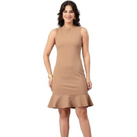 Style Quotient Women Brown Solid Polyknit Peplum Midi Dress