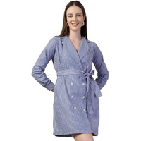 Style Quotient Women Blue And White Stripe Polycotton Double Breasted Polycotton Blazer Dress