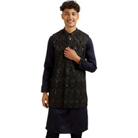 Manyavar Men's Velvet Embroidered|Sequins Jacket Set (Blue,M)