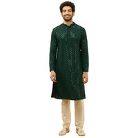 Manyavar Mens Green Viscose Chikankari Kurta Pyjama Set
