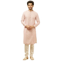 Manyavar Men's Pink Blended Cotton Printed Kurta Pyjama Set