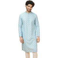Manyavar Men's Blue Blended Cotton Printed Kurta Pyjama Set