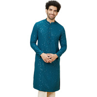 Manyavar Mens Blue Viscose Embroidered Kurta Pyjama Set