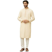 Manyavar Mens Beige Cotton Self Design Kurta Pyjama Set
