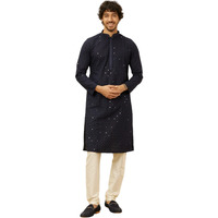 Manyavar Mens Blue Blended Cotton Embroidered Kurta Pyjama Set