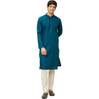 Manyavar Mens Blue Cotton Self Design Kurta Pyjama Set
