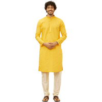 Manyavar Men's Mustard Cotton Self Design Kurta Pyjama Set